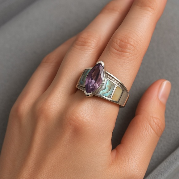 Sterling Silver 925 Marquis Amethyst Abalone Inlay Whitney Kelly Ring EC 9 #331 - Picture 4 of 12